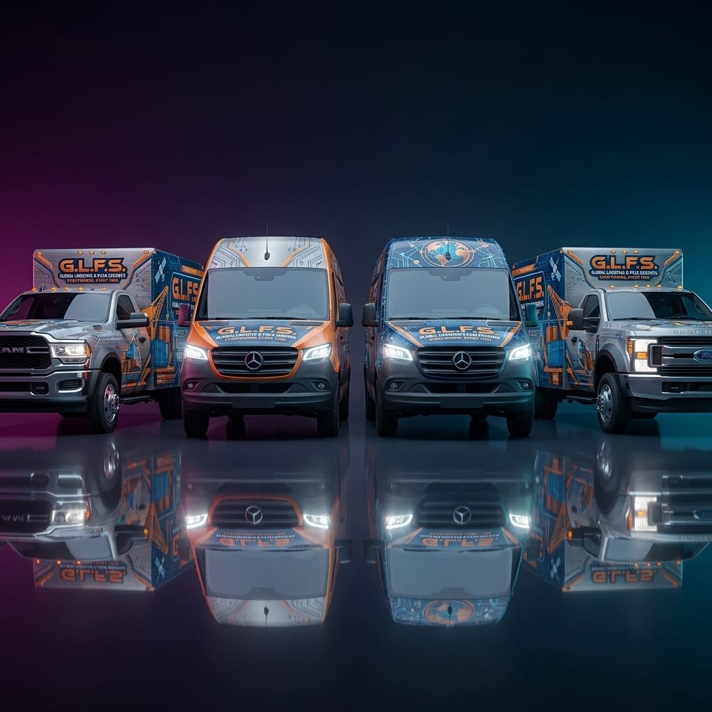Fleet of wrapped vehicles lined up