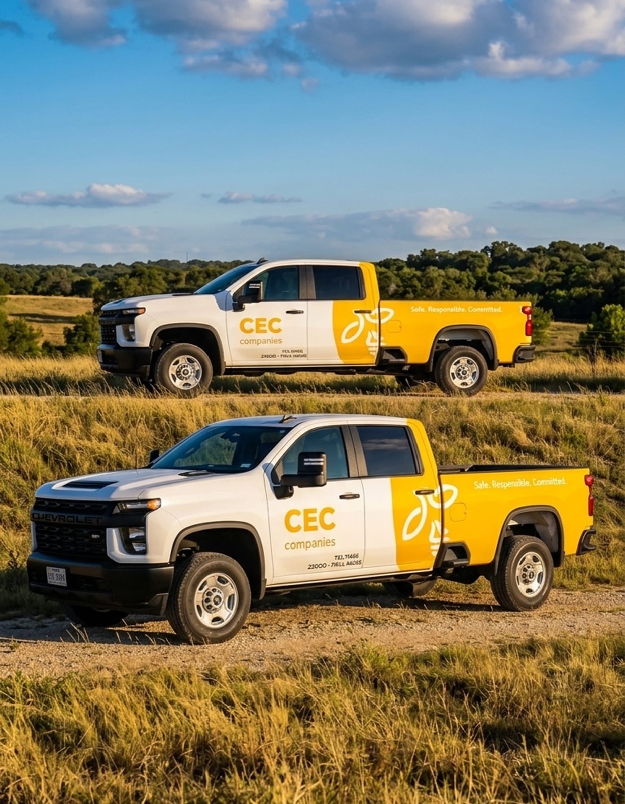 Two pickup trucks wrapped in matching fleet graphics